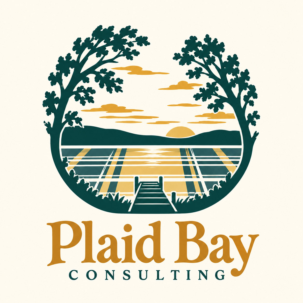 Plaid Bay Consulting: trees frame a golden sunset over plaid water